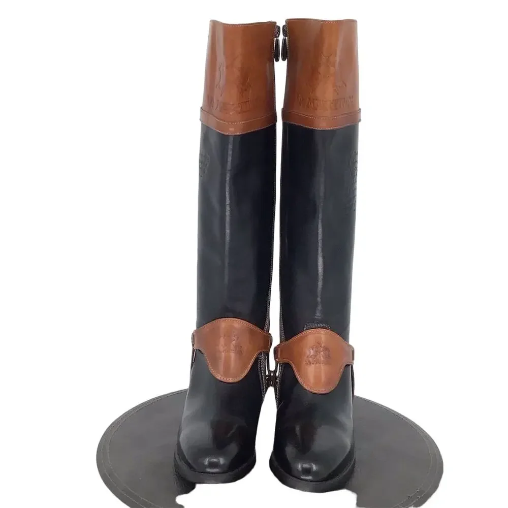 La Martina‎ Riding Boots Womens Sz 6.5 Black Brown Leather Heeled Equestrian